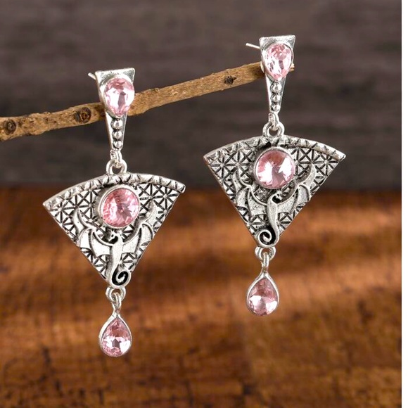 None Jewelry - Dragon, Pink Crystal Studs, Mythical Creatures, Medieval Silver Earrings